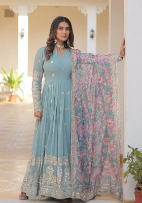Sky Blue Embroidered Faux Blooming Anarkali With Dupatta