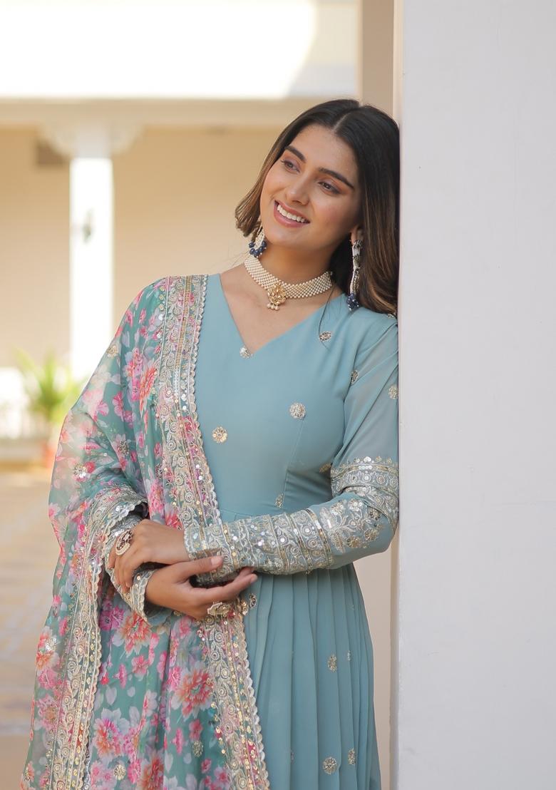 Sky Blue Embroidered Faux Blooming Anarkali With Dupatta - Indya