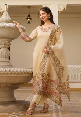 Cream Embroidery Silk Kurta Set