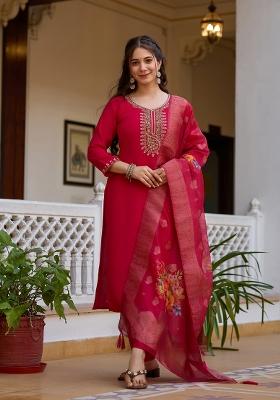 Red Embroidery Silk Kurta Set
