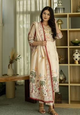 Cream Embroidery Silk Kurta Set