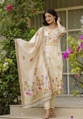Cream Embroidery Silk Kurta Set