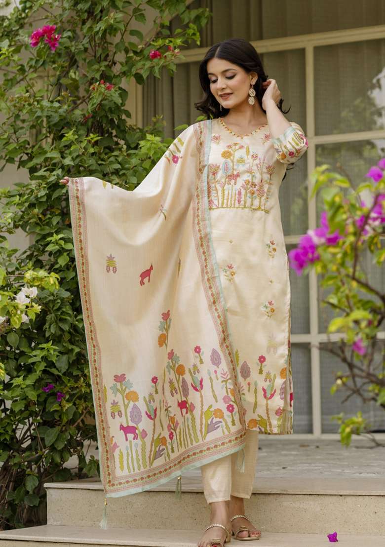 Cream Embroidery Silk Kurta Set - Indya