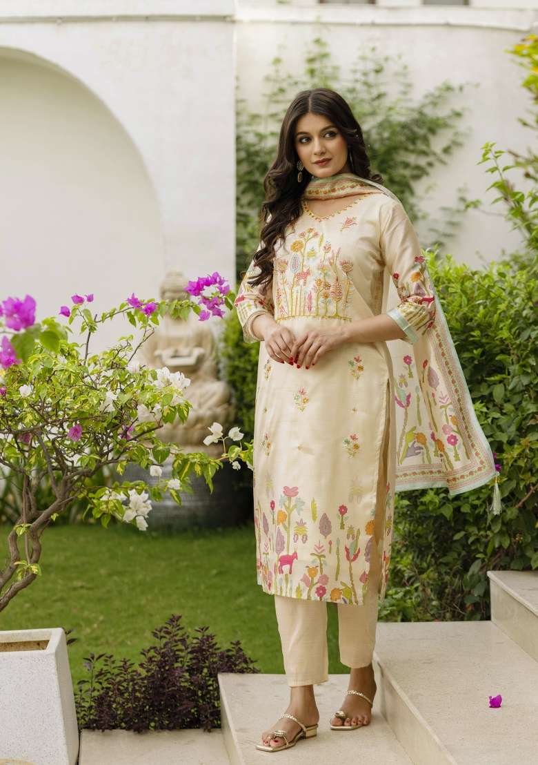 Cream Embroidery Silk Kurta Set - Indya