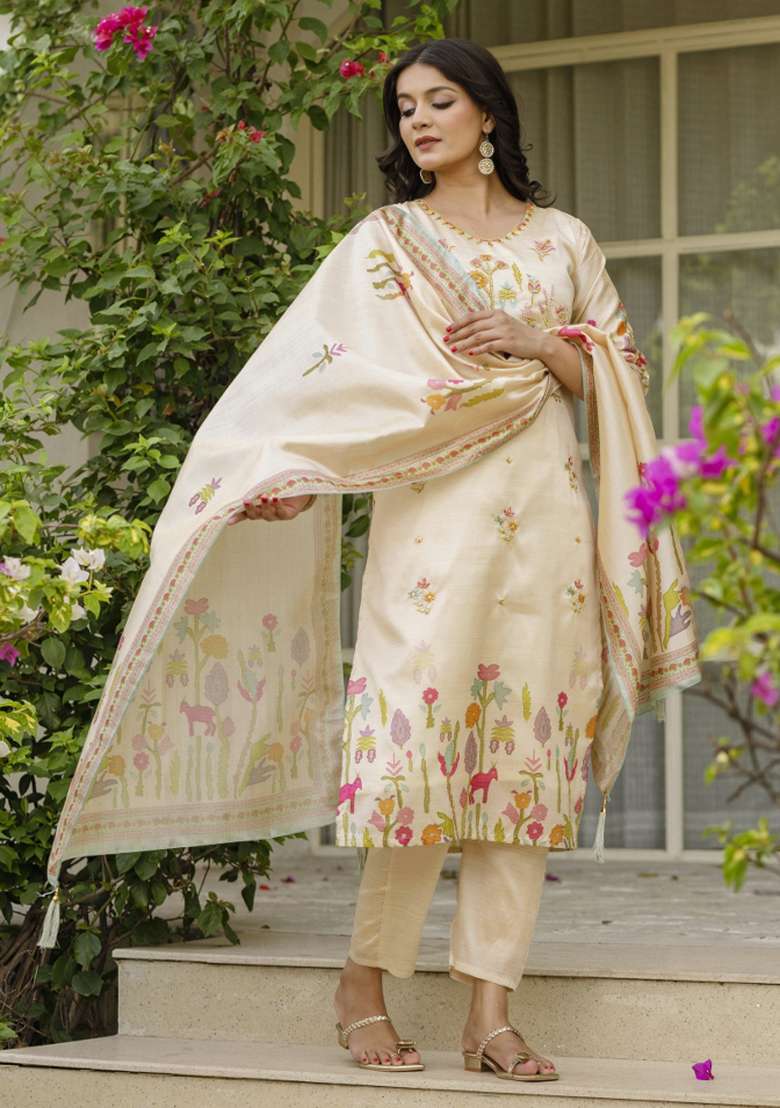 Cream Embroidery Silk Kurta Set - Indya