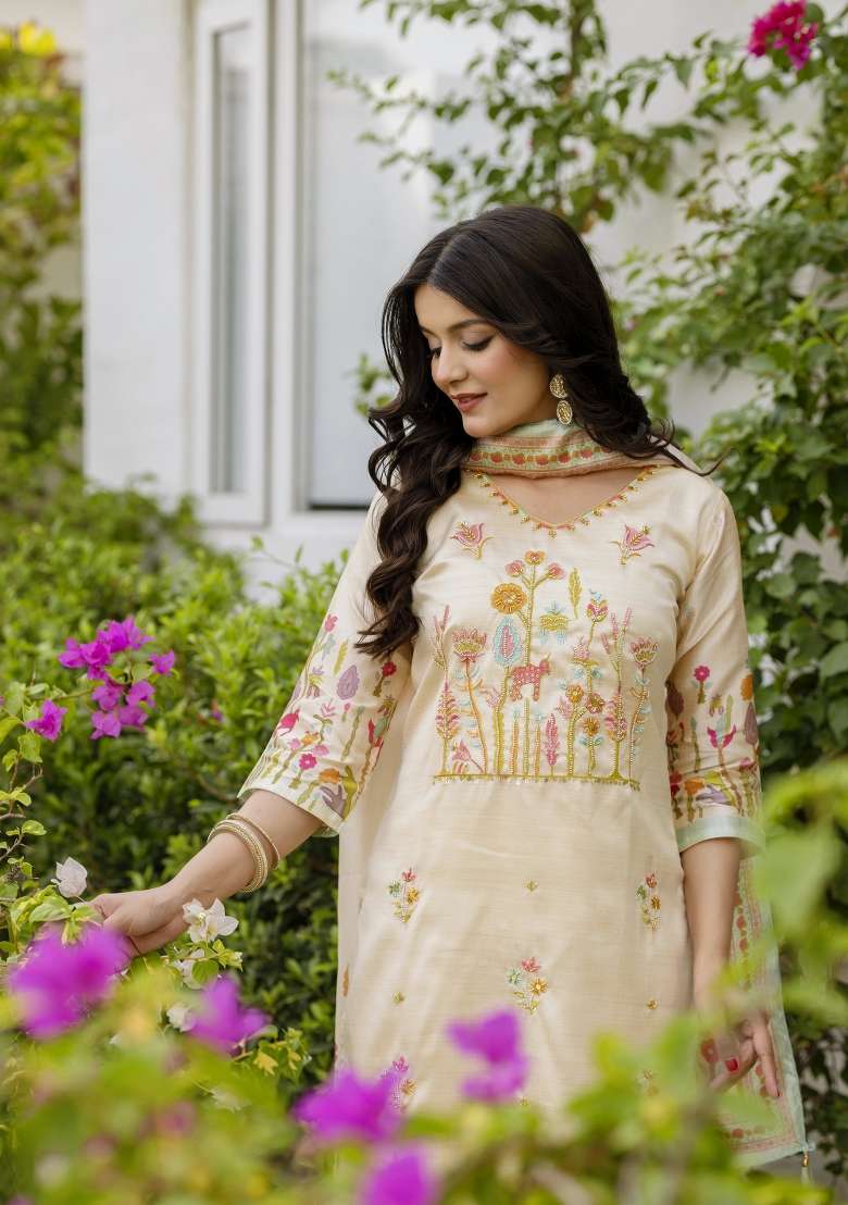 Cream Embroidery Silk Kurta Set - Indya