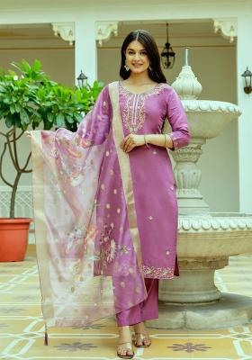 Dark Rani Pink Embroidery Silk Kurta Set