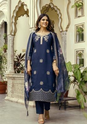 Navy Blue Embroidery Silk Kurta Set
