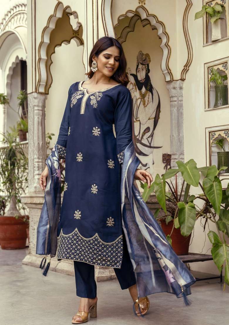 Navy Blue Embroidery Silk Kurta Set - Indya