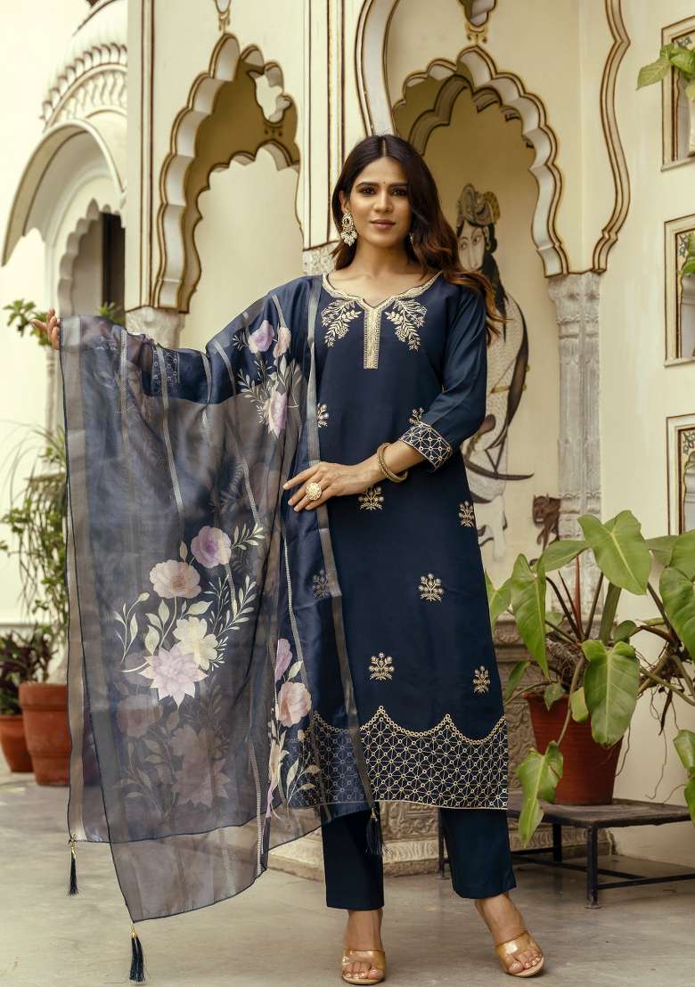 Navy Blue Embroidery Silk Kurta Set - Indya