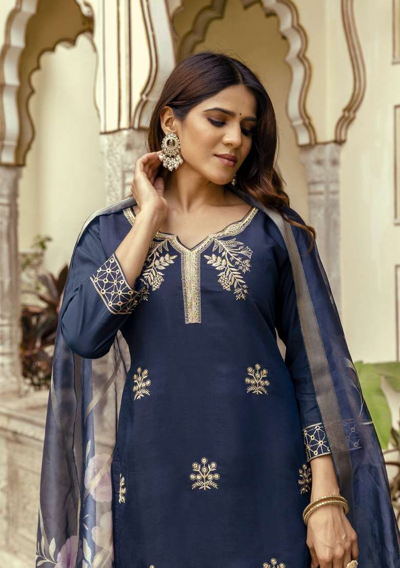 Navy Blue Embroidery Silk Kurta Set - Indya