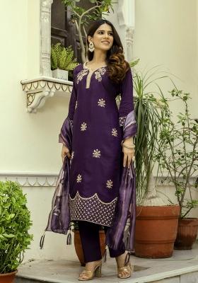 Wine Embroidery Silk Kurta Set