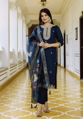Navy Blue Embroidery Silk Kurta Set