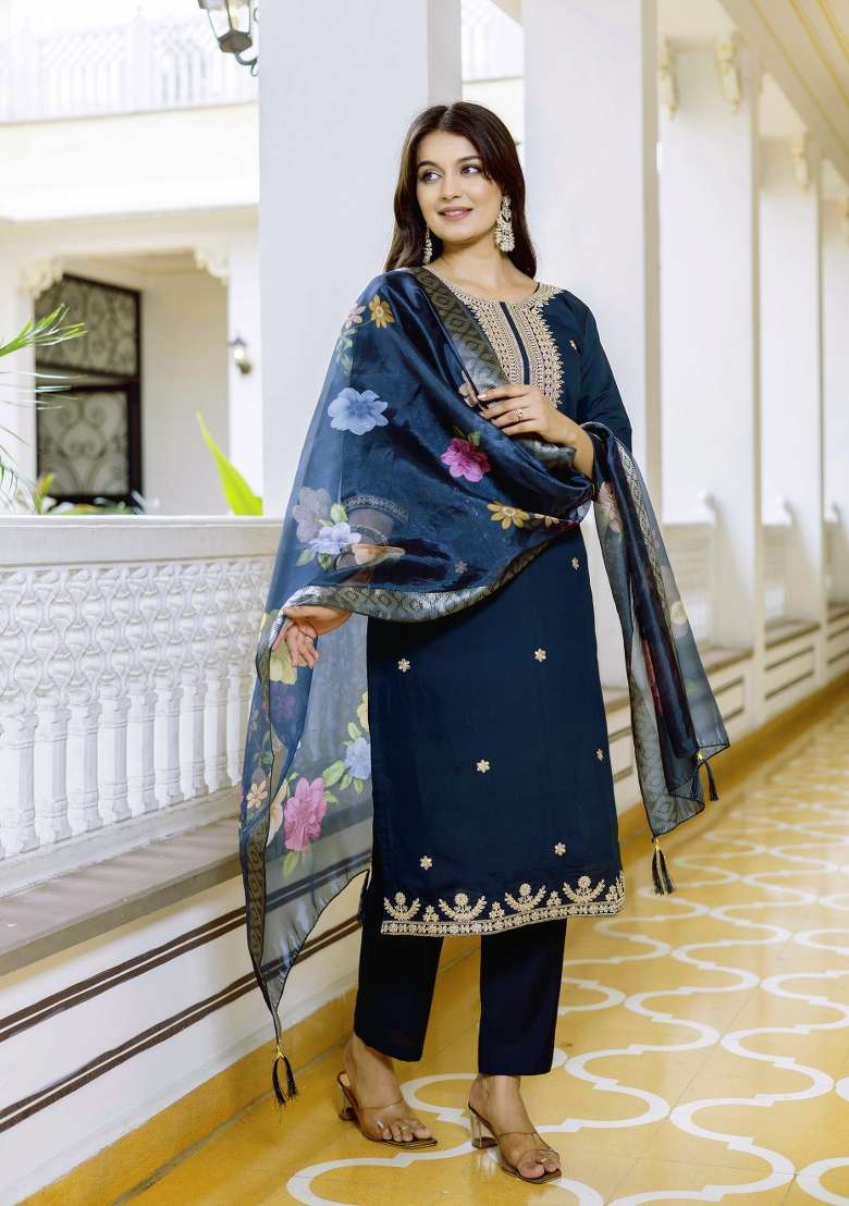 Navy Blue Embroidery Silk Kurta Set - Indya
