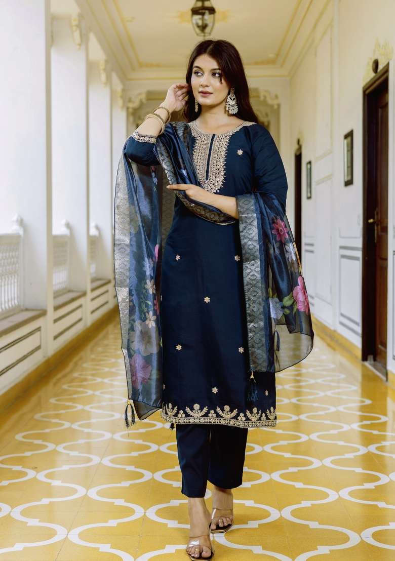 Navy Blue Embroidery Silk Kurta Set - Indya