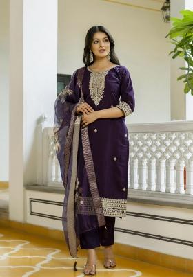 Wine Embroidery Silk Kurta Set