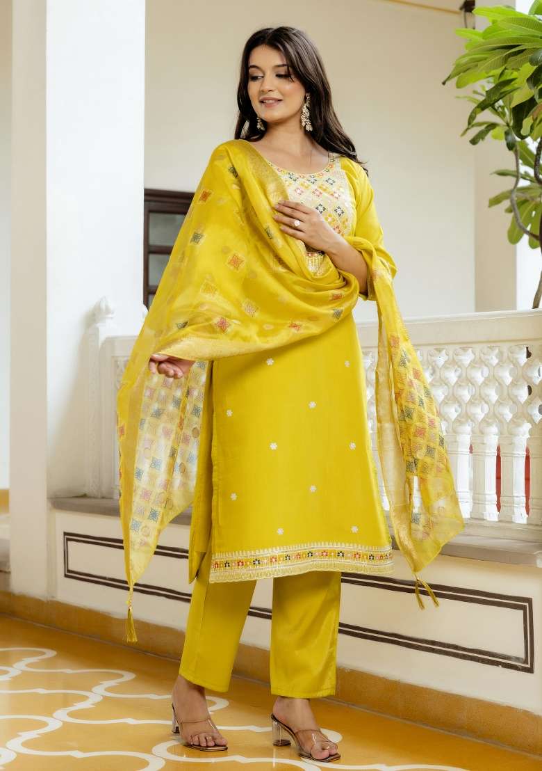 Yellow Embroidery Viscose Kurta Set - Indya