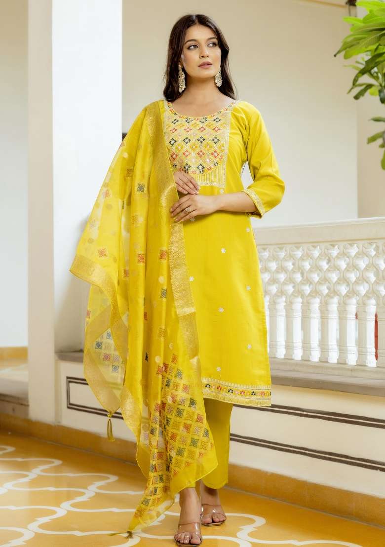 Yellow Embroidery Viscose Kurta Set - Indya