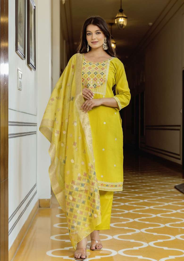 Yellow Embroidery Viscose Kurta Set - Indya
