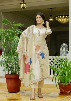 Cream Embroidery Silk Kurta Set