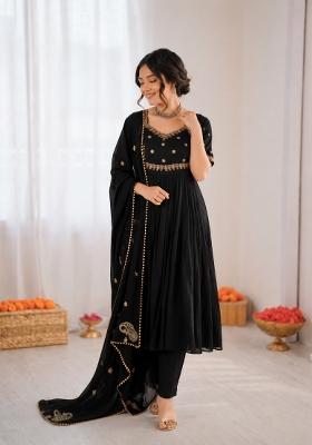 Black Embroidered Silk Anarkali Set