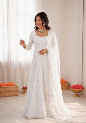 Off White Embroidered Georgette Anarkali Set