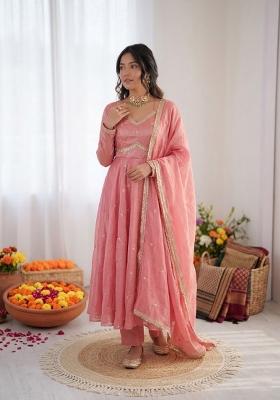 Peach Embroidered Silk Anarkali Set