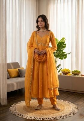 Yellow Embroidered Silk Anarkali Set