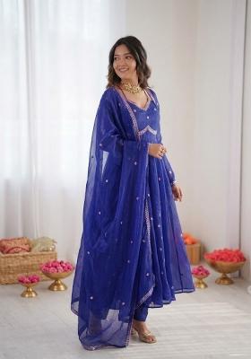 Blue Embroidered Silk Anarkali Set