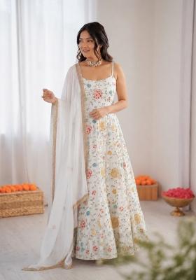Off White Embroidered Georgette Anarkali Set