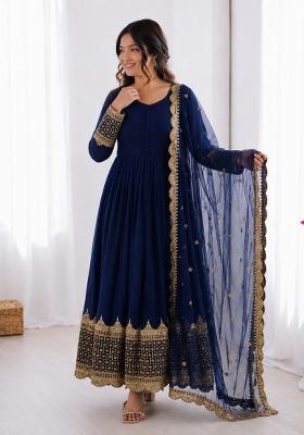 Blue Embroidered Georgette Anarkali With Dupatta