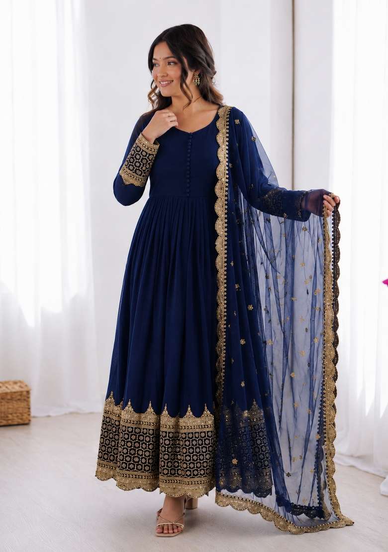 Blue Embroidered Georgette Anarkali With Dupatta - Indya