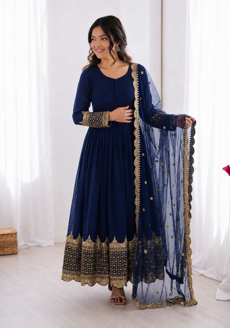 Blue Embroidered Georgette Anarkali With Dupatta - Indya