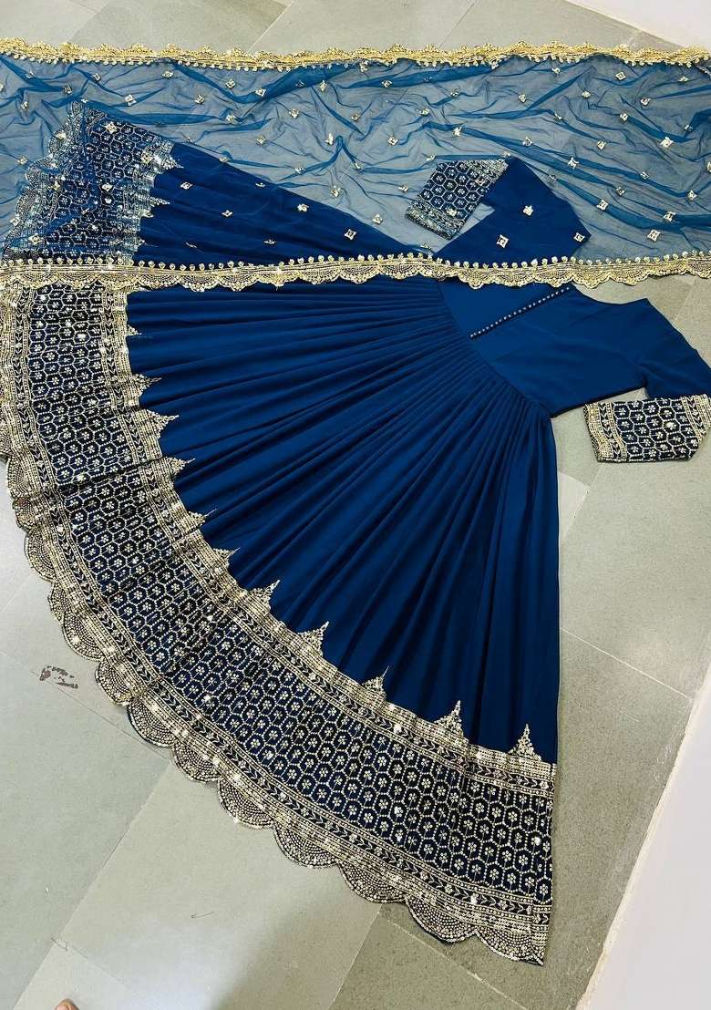 Blue Embroidered Georgette Anarkali With Dupatta - Indya