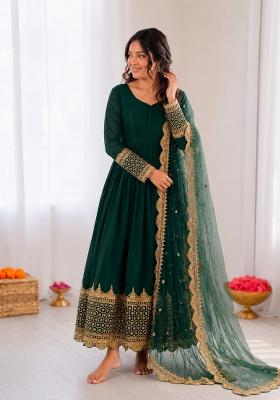 Dark Green Embroidered Georgette Anarkali With Dupatta