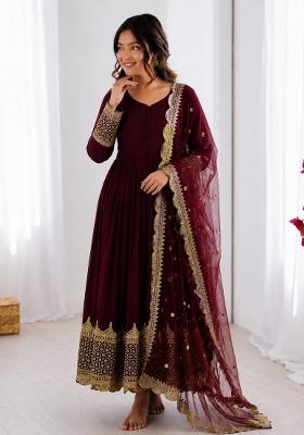 Maroon Embroidered Georgette Anarkali With Dupatta