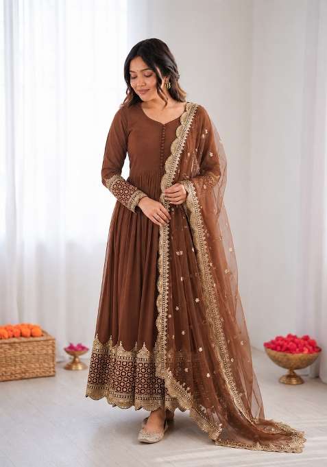 Light Brown Embroidered Georgette Anarkali With Dupatta