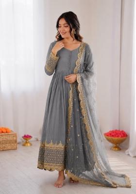 Light Grey Embroidered Georgette Anarkali With Dupatta