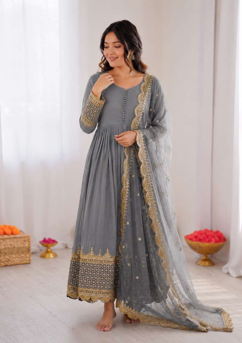 Light Grey Embroidered Georgette Anarkali With Dupatta - Indya