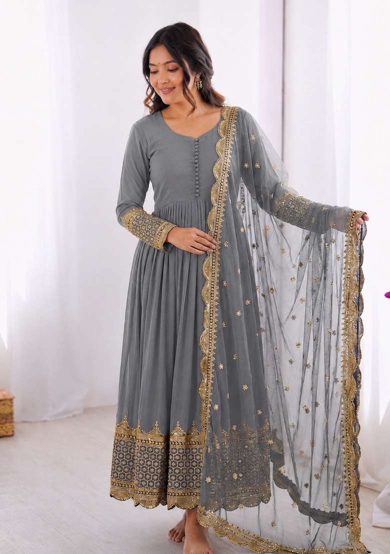 Light Grey Embroidered Georgette Anarkali With Dupatta - Indya
