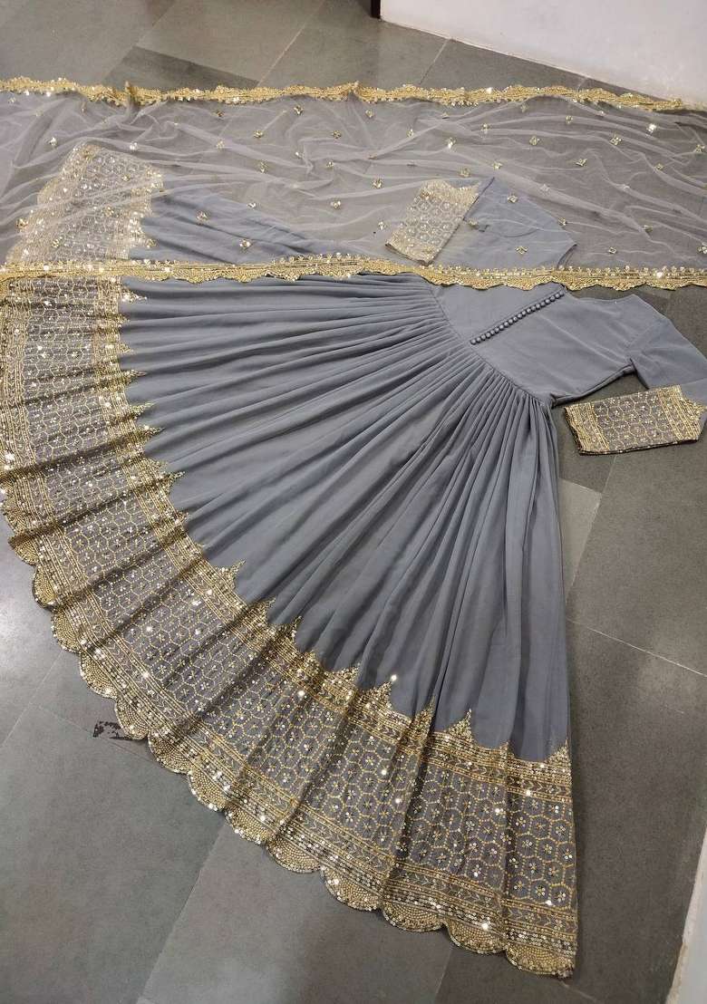 Light Grey Embroidered Georgette Anarkali With Dupatta - Indya