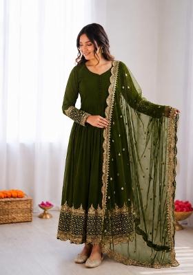 Mehendi Embroidered Georgette Anarkali With Dupatta