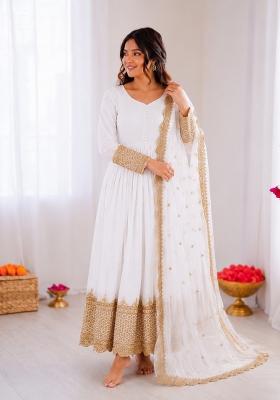Off White Embroidered Georgette Anarkali With Dupatta