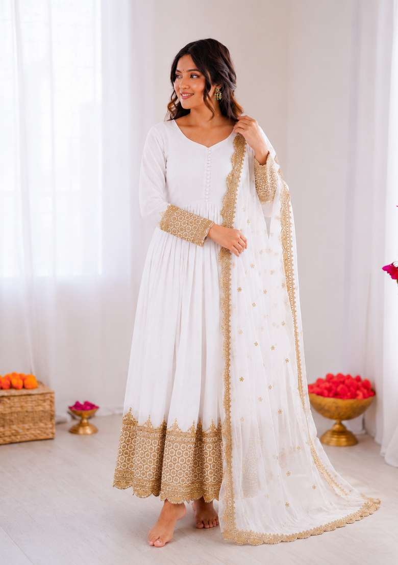 Off White Embroidered Georgette Anarkali With Dupatta - Indya