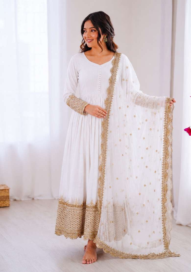 Off White Embroidered Georgette Anarkali With Dupatta - Indya