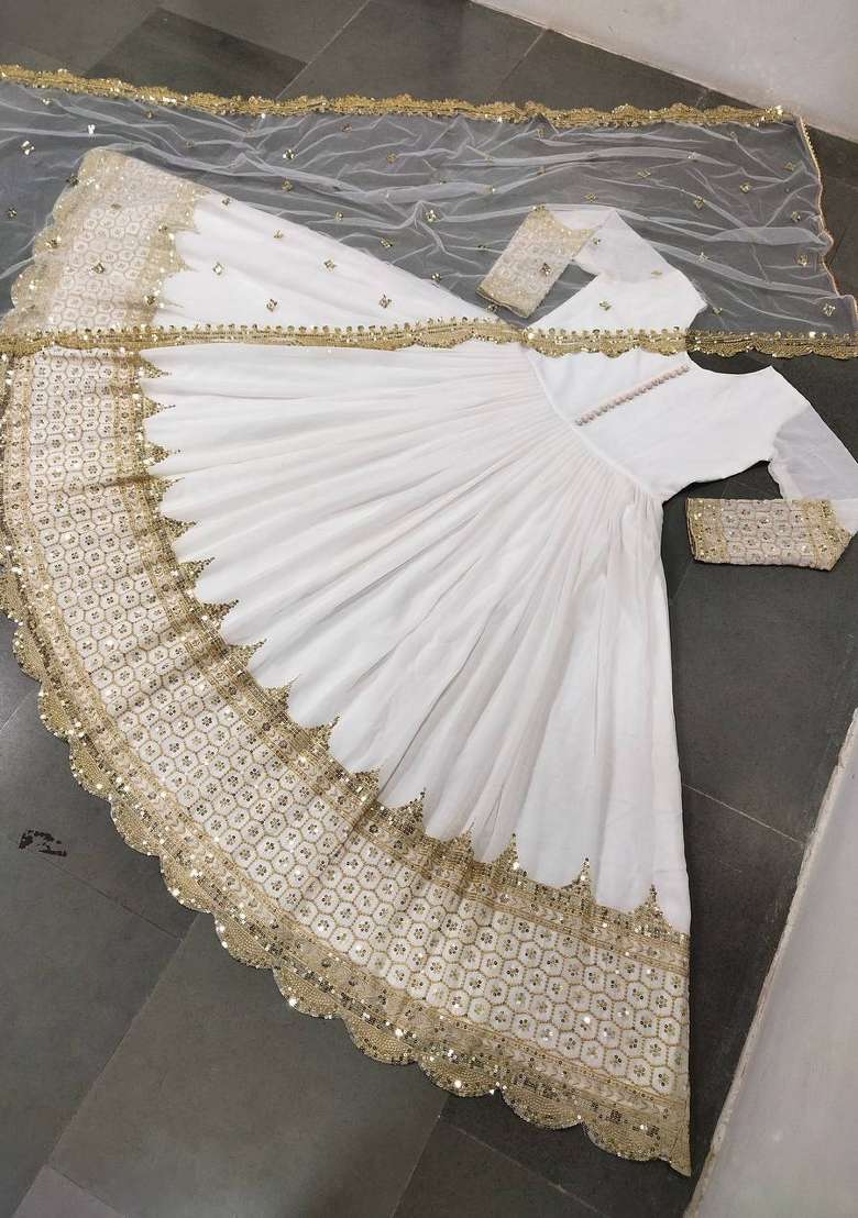 Off White Embroidered Georgette Anarkali With Dupatta - Indya