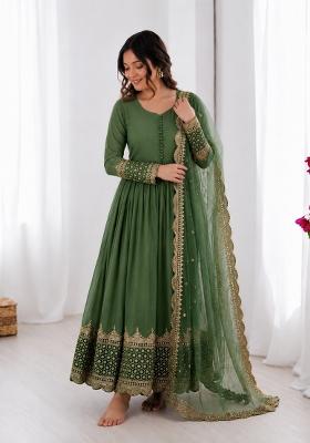 Olive Green Embroidered Georgette Anarkali With Dupatta