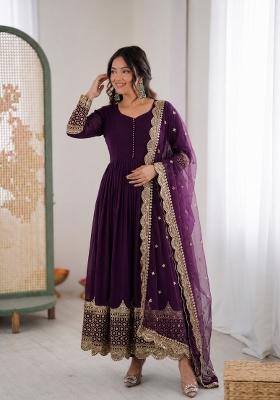 Purple Embroidered Georgette Anarkali With Dupatta