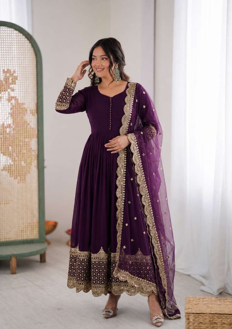 Purple Embroidered Georgette Anarkali With Dupatta - Indya