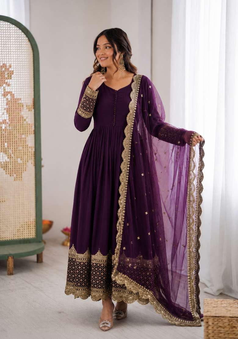 Purple Embroidered Georgette Anarkali With Dupatta - Indya